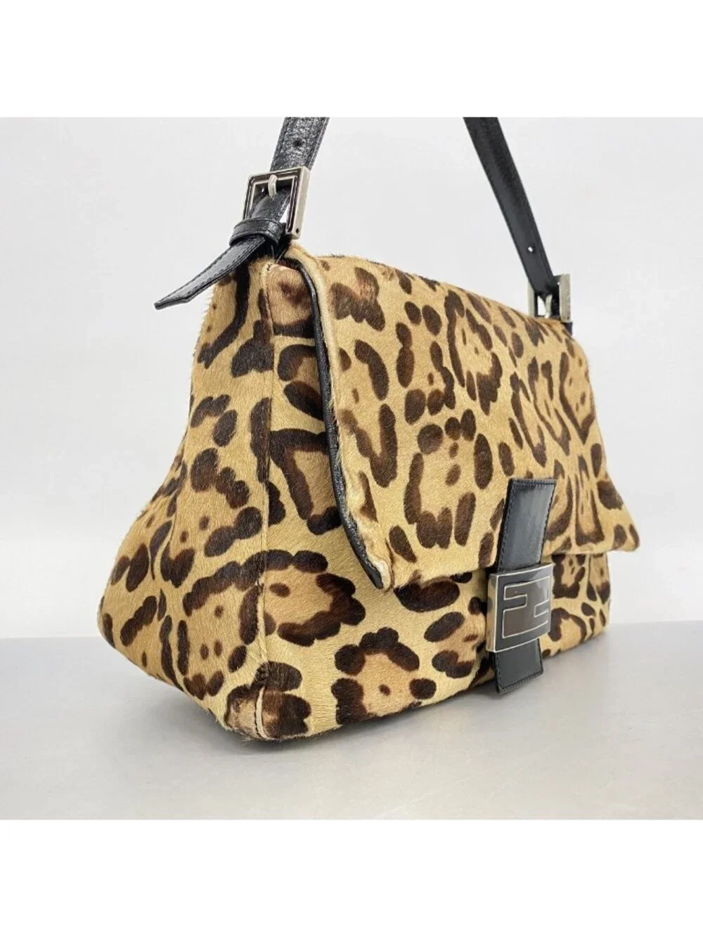 Fendi Handbag Leopard Calf Hair Brown Silver